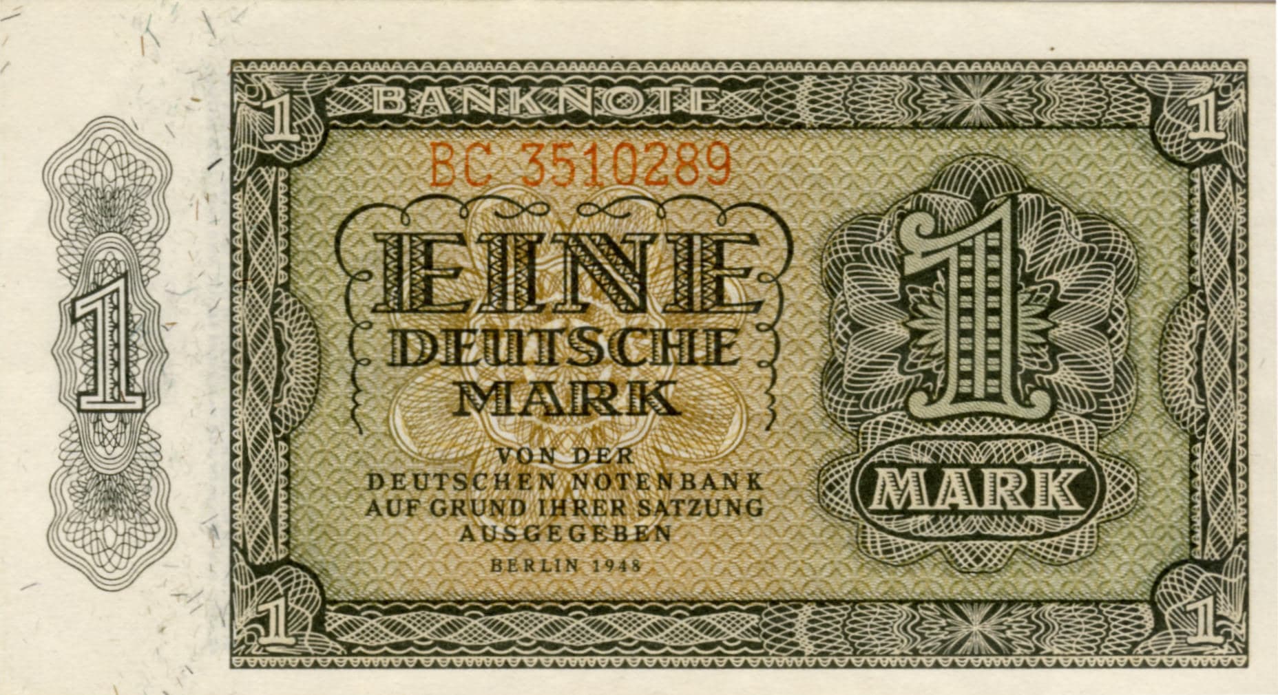 One Deutsche Mark banknote from the 1948 Berlin currency reform (Soviet occupation zone print) — Trusted Translations Europe article on East German currency and exchange policy