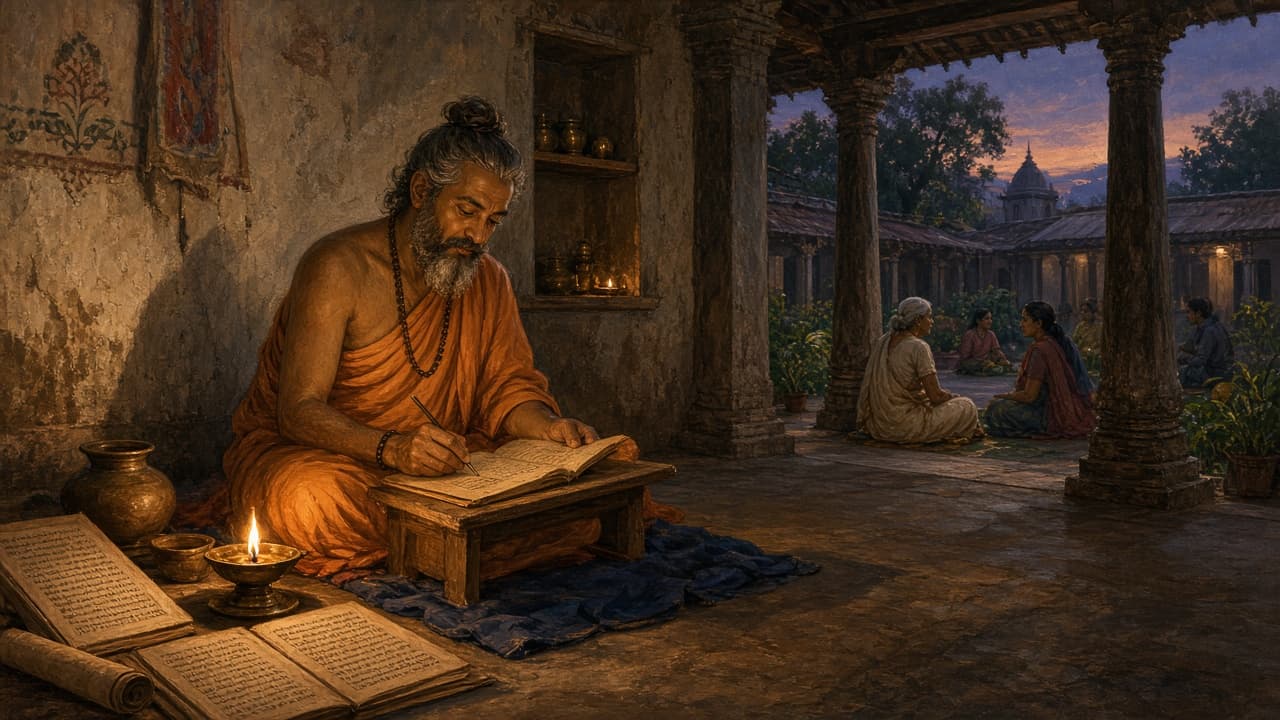Bhakti poet-saint composing vernacular hymns — Tamil, Kannada, Hindi, and Marathi devotion beyond Sanskrit prestige (Trusted Translations Europe editorial)